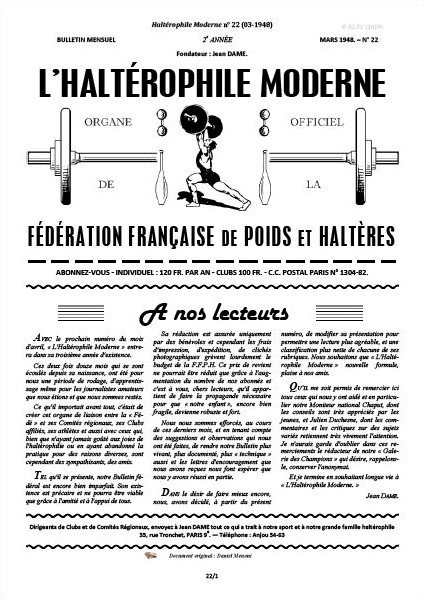 Première de couverture de l'Haltérophile Moderne : N° 22 mars 1948